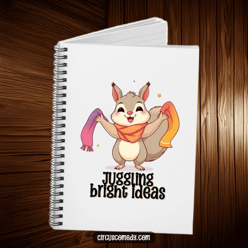 Funny notebook cover featuring a cheerful squirrel juggling colorful scarves, ideal for journaling, sketching, or note-taking with a vibrant touch.
