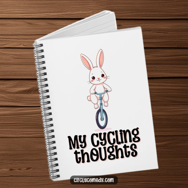Funny rabbit notebook, a determined rabbit balancing on a unicycle, ideal for notes and planning with humor.