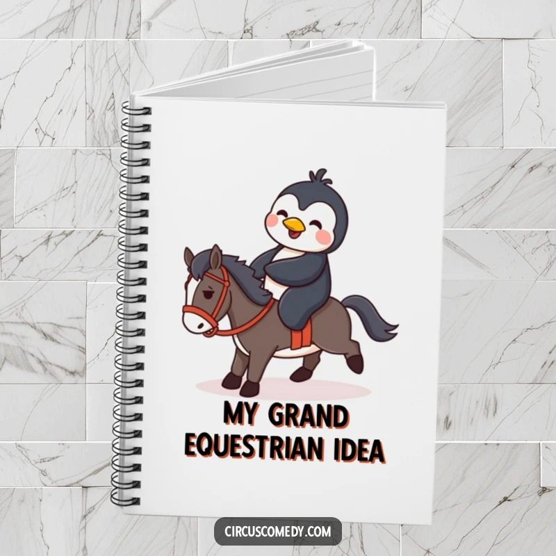 Funny penguin trying to ride a tiny horse on the cover of a humorous notebook, perfect for jotting down notes.