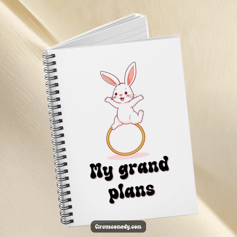 Funny rabbit notebook, shown mid-high jump over a hoop, symbolizing athletic achievement and determination, a humorous and functional item.