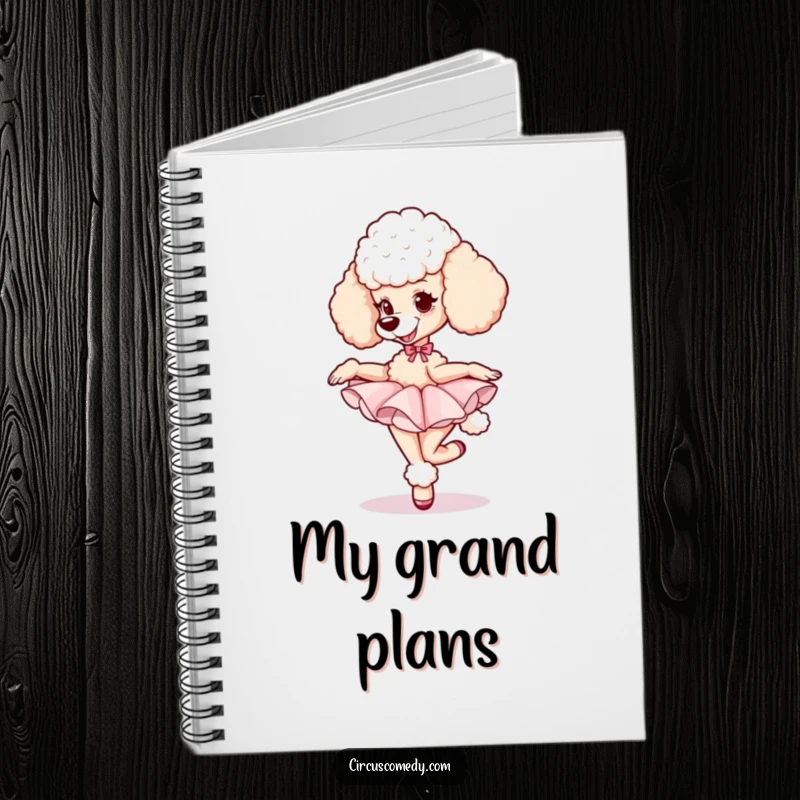 Funny poodle wearing a tutu, gracefully performing a pirouette with a focused and happy expression, perfect for journaling.