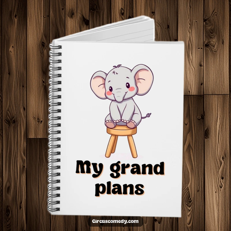 Funny notebook cover with a delightful elephant balancing on a small stool, perfect for journaling and adding humor.