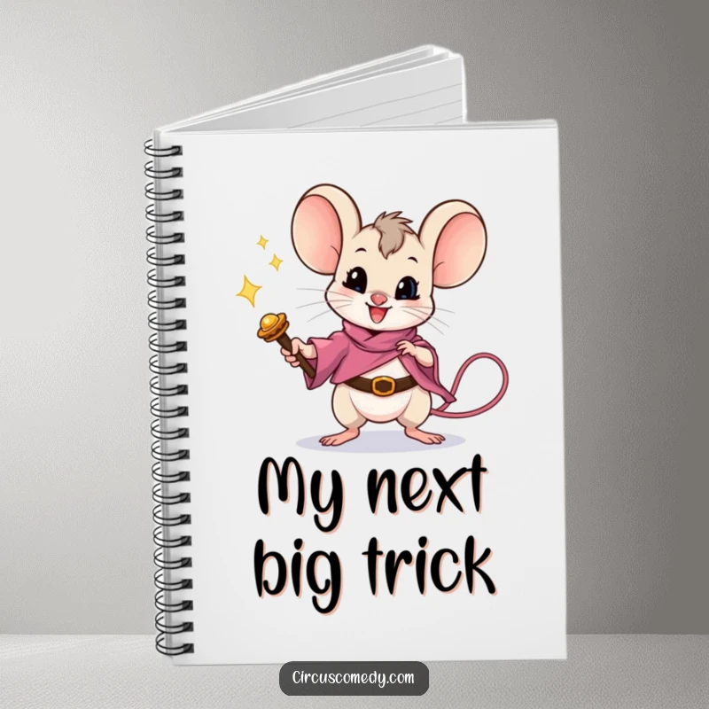 Funny mouse performing a magic trick with a wand on the cover of a humorous notebook, perfect for spells and notes.