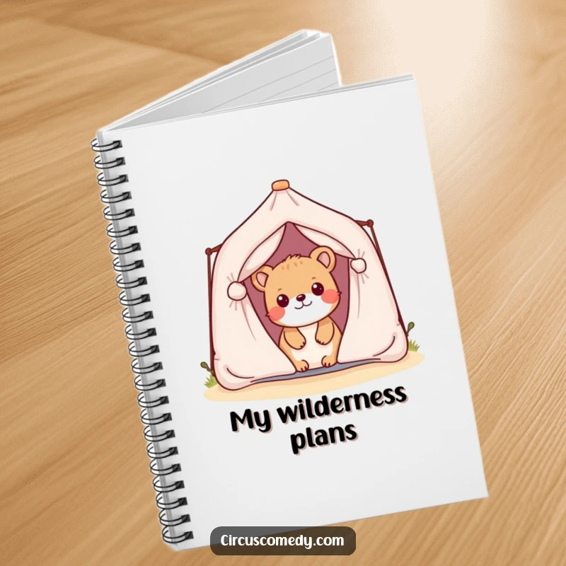 Funny notebook with a playful animal peeking from behind a miniature tent, ideal for journaling outdoor adventures.