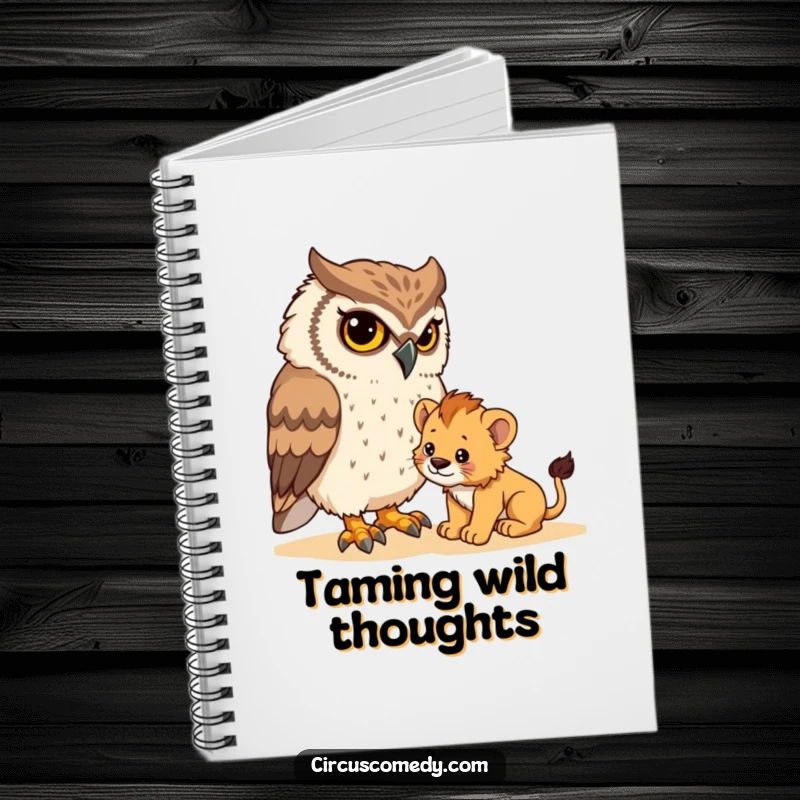Funny notebook cover featuring a determined owl trying to gently manage a tiny lion cub, ideal for note-taking with a humorous flair.