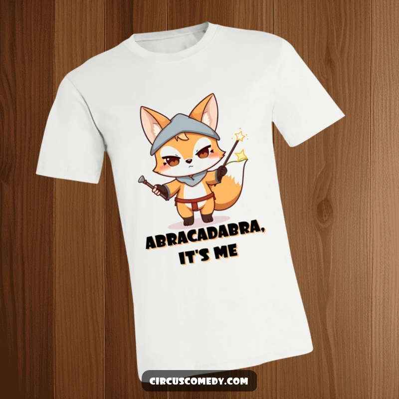 Funny Fox Magician T-Shirt: A determined fox character performs a magical trick, wand in hand, with an air of mystery.