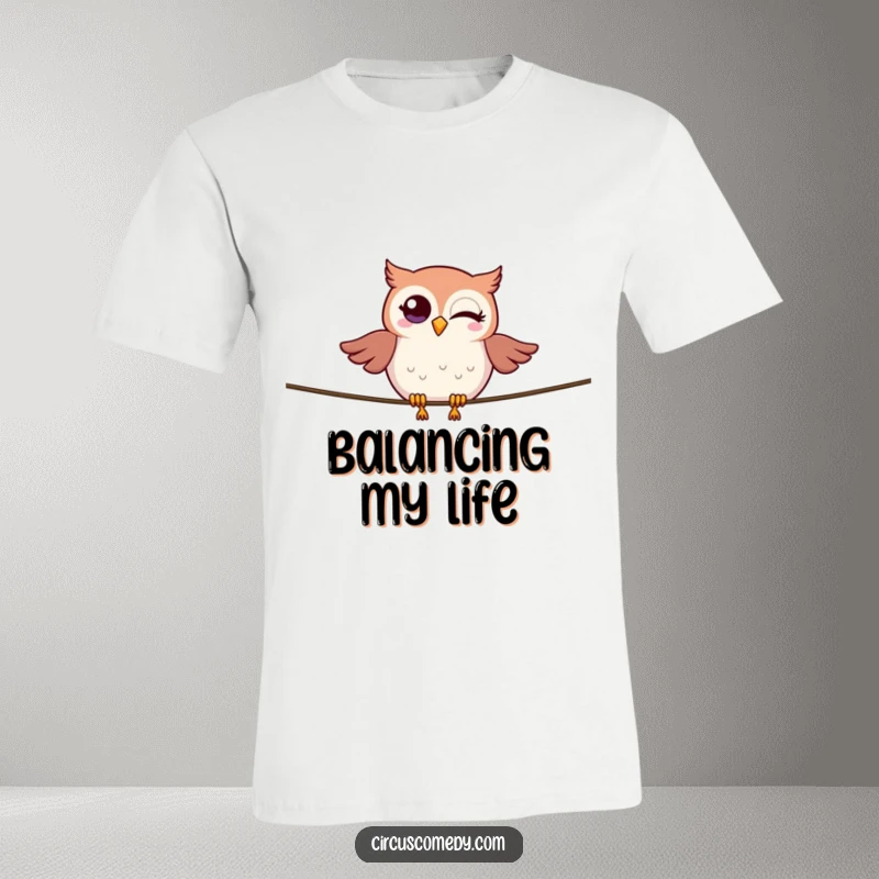 A humorous winking owl gracefully balancing on a tightrope, exuding charm and skill on a comfortable t-shirt.