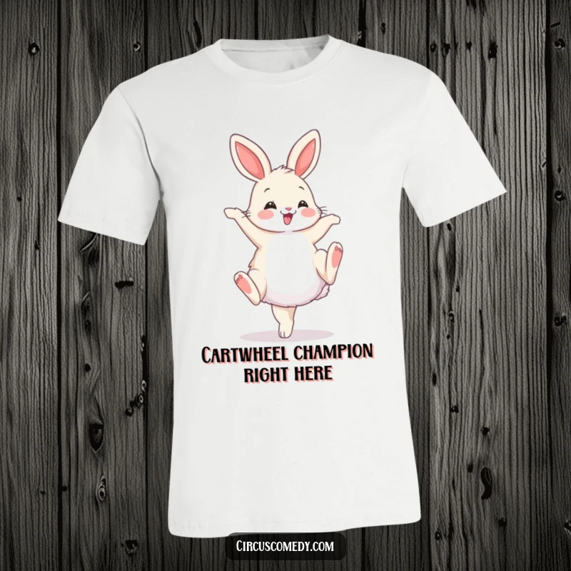Funny t-shirt graphic of a fluffy bunny doing a stylish cartwheel with legs in the air and a joyful grin.