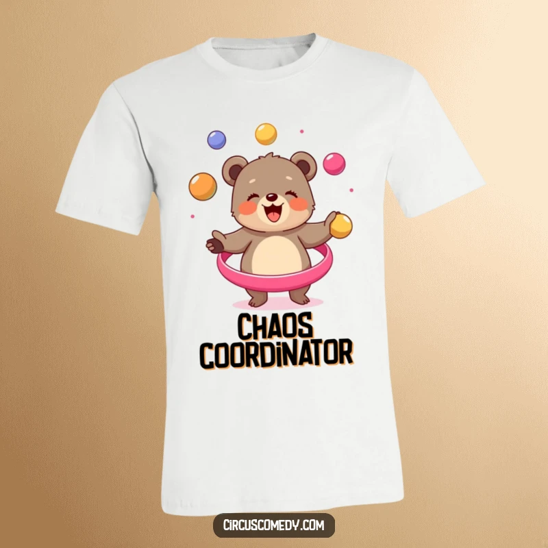 Funny bear cub t-shirt, joyfully juggling vibrant balls in a circus act, expressing pure fun and skill, ideal for gifting.