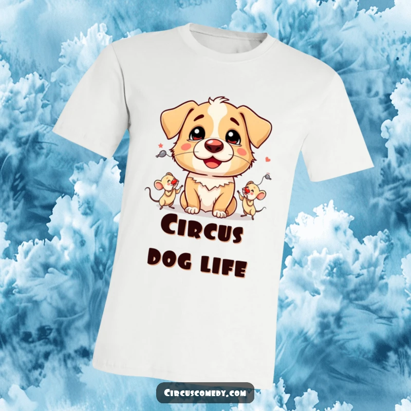 Funny T-Shirt: A silly dog with a red clown nose, comically juggling three small mice.