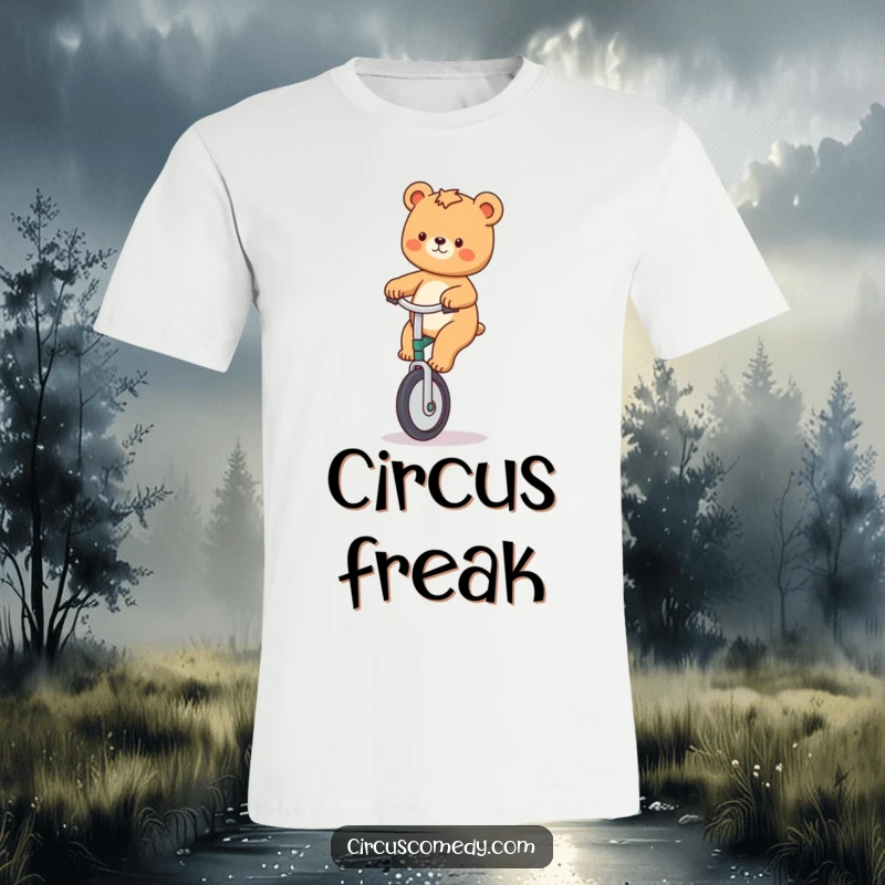 Funny t-shirt depicting a cheerful bear skillfully riding a unicycle, radiating fun and a sense of adventure.