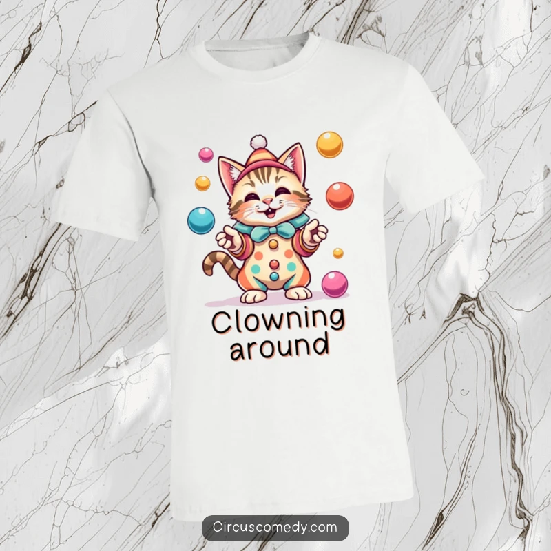 Funny performer cat in a vibrant clown outfit, skillfully juggling several colorful balls with a look of ecstatic delight.