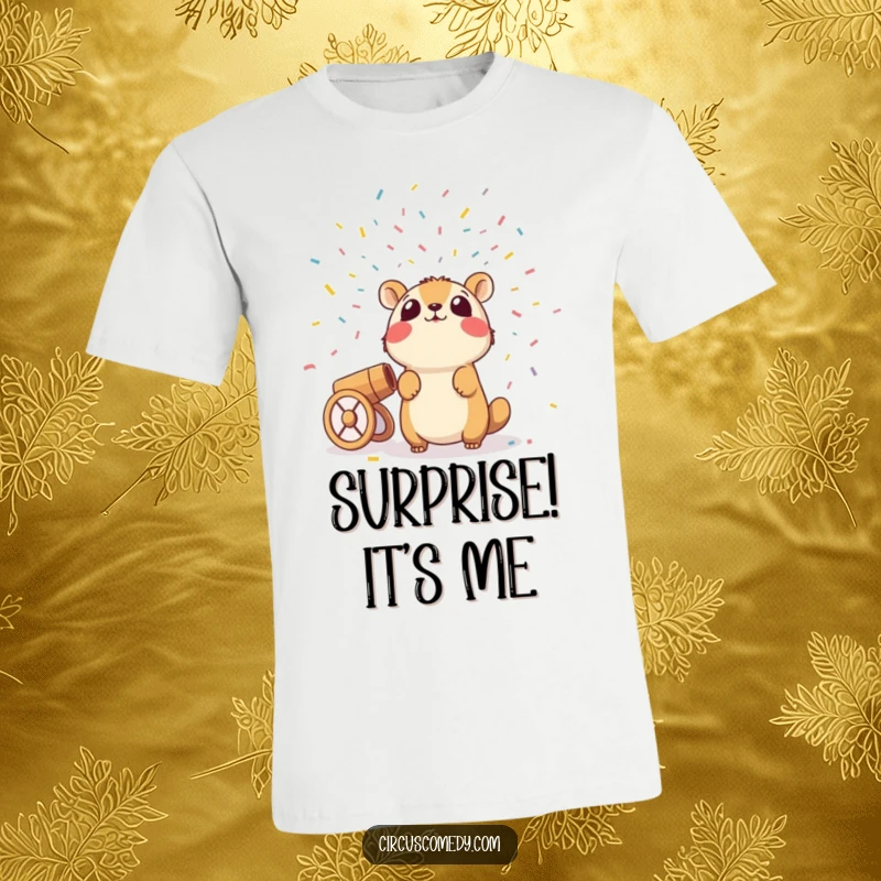 Funny t-shirt featuring a startled animal looking up as a confetti cannon explodes, conveying a hilarious moment of unexpected fun.