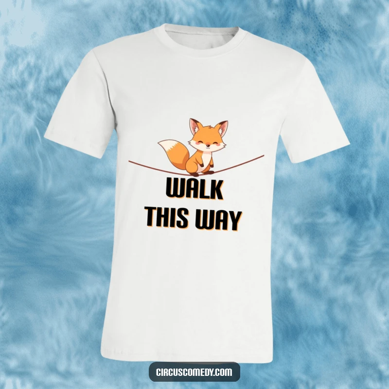 Funny fox t-shirt, precariously balancing on a tightrope with a sly expression, showcasing mischief and agility, an amusing apparel choice.