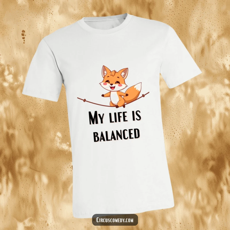 Funny fox t-shirt, a happy daredevil fox walking a tightrope with a proud, confident smile, showcasing bravery.