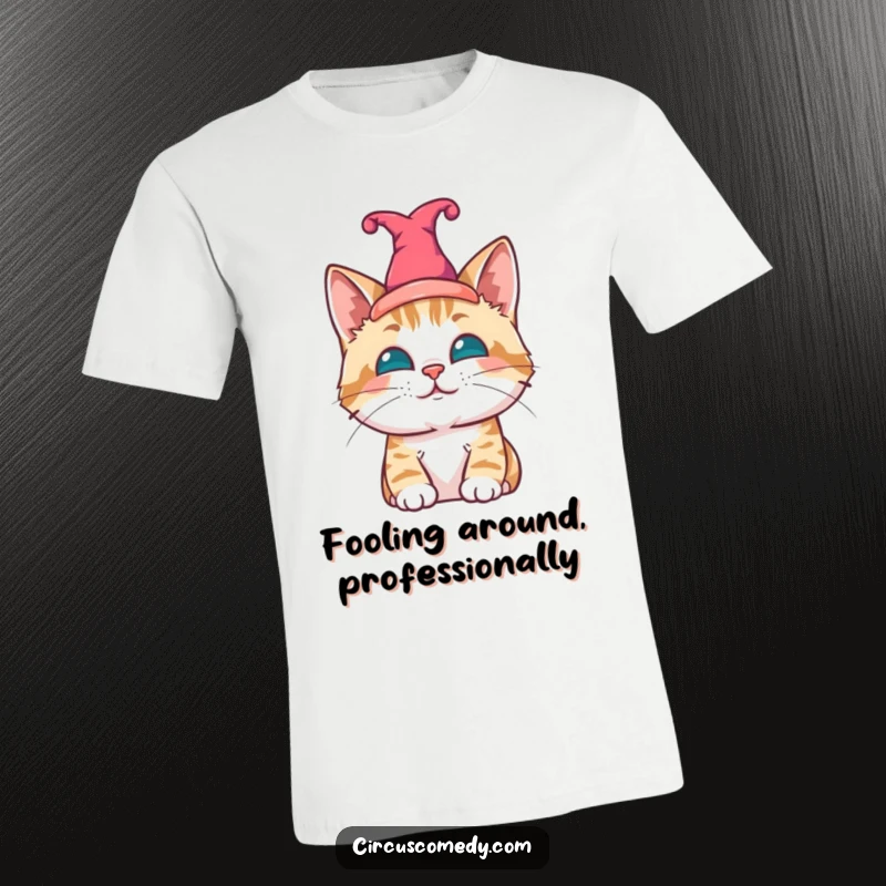 Funny cat t-shirt, a contented cat sporting a tiny jester hat, looking quite pleased with itself.