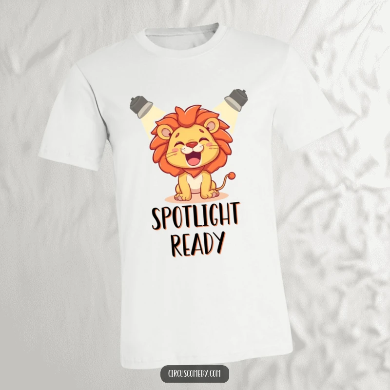 Funny T-Shirt: A delighted lion playfully roaring in the center of a dramatic spotlight.