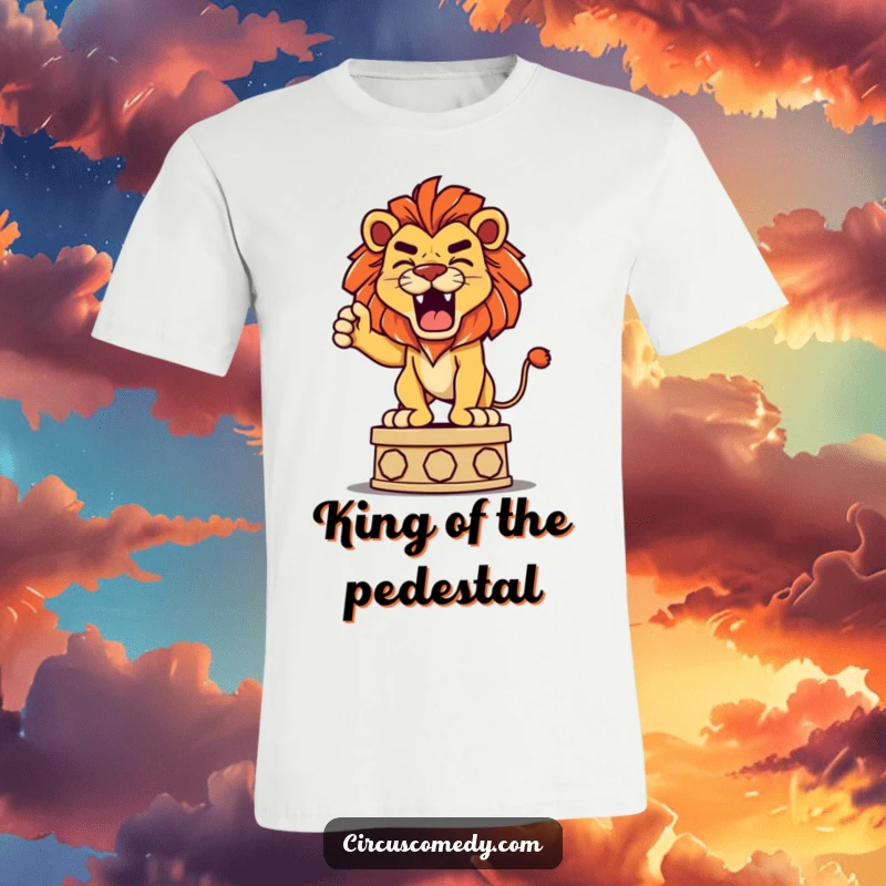 Funny t-shirt graphic of a determined lion playfully roaring while standing atop a pedestal, looking both fierce and friendly.