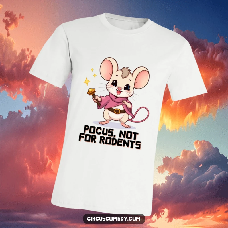 A brave mouse skillfully performing a magic trick with a wand, depicted on a funny t-shirt for aspiring entertainers.