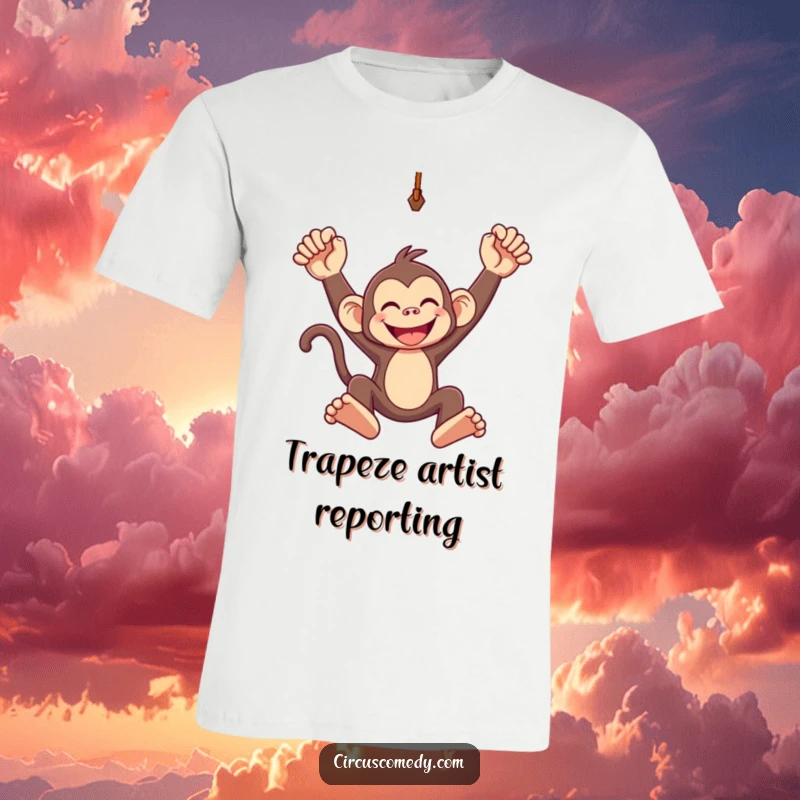 Funny t-shirt graphic of a grinning monkey gleefully swinging from a trapeze, high in the air with a wide smile.