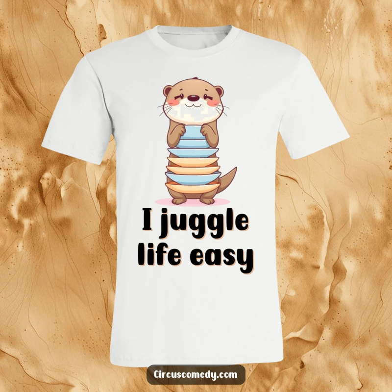 Funny otter in mid-balance with a stack of plates, looking focused, on a t-shirt, whimsical and amusing.