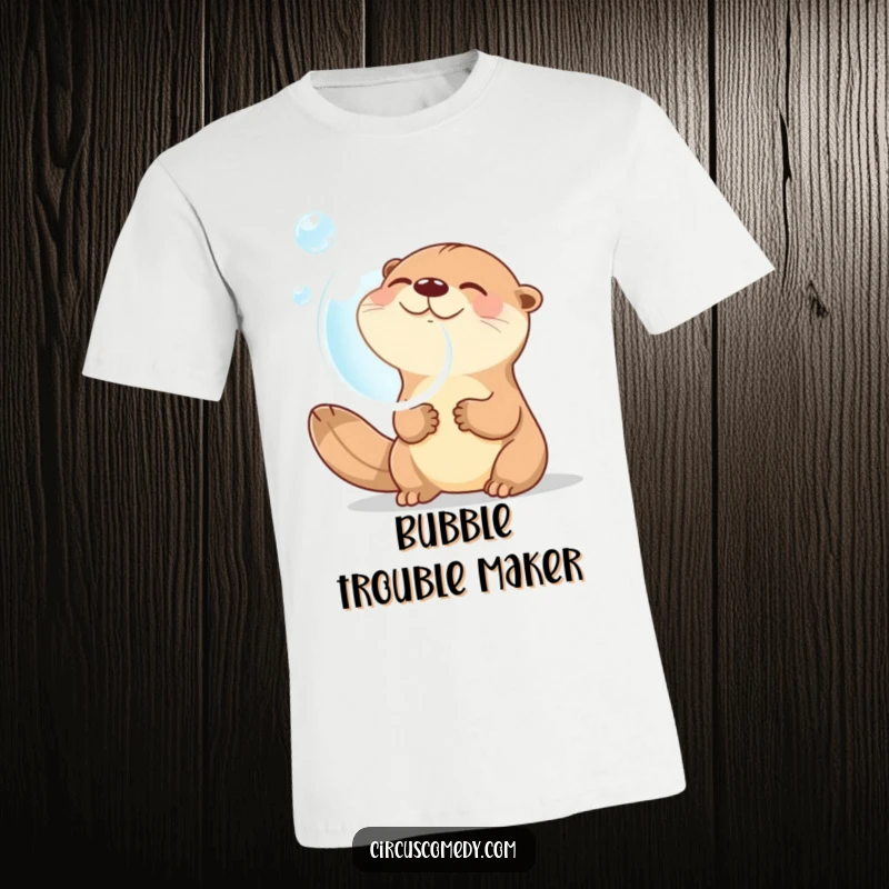 Funny t-shirt featuring a gleeful otter mid-giggle, blowing an impressively large, translucent bubble, symbolizing carefree fun and lightheartedness.