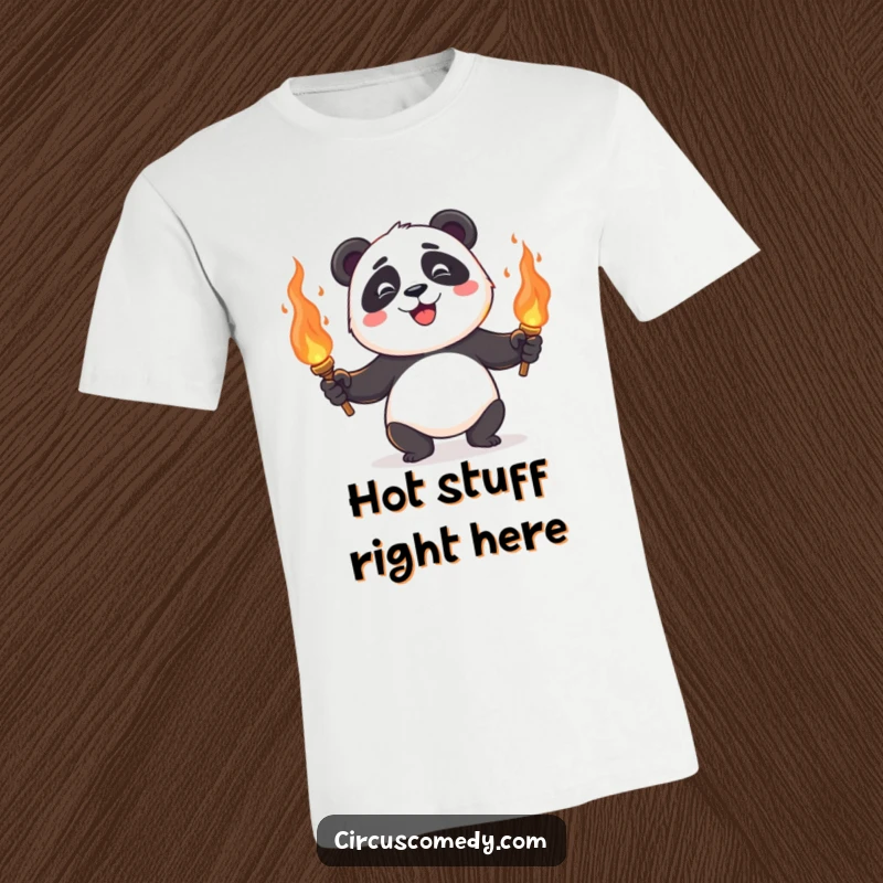 A happy panda expertly juggling flaming torches, radiating excitement and skill on a thrilling t-shirt design.