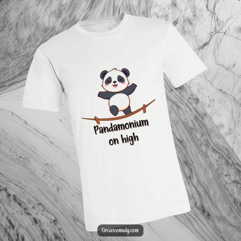 Funny panda t-shirt featuring a smiling panda walking a tightrope with cheerful determination, embodying calm.