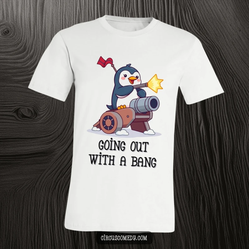 Funny penguin t-shirt, a brave penguin enthusiastically shooting out of a cannon, conveying daring humor.