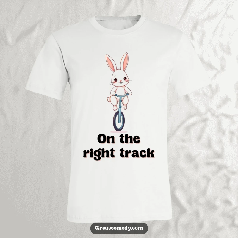 Funny rabbit t-shirt, a determined rabbit balancing on a unicycle with intense focus, conveying perseverance and humor.