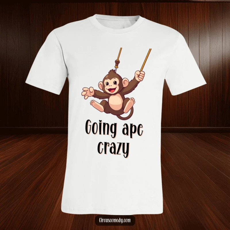 Funny t-shirt with a focused monkey dynamically swinging from a trapeze, showcasing athletic prowess and a mischievous grin.