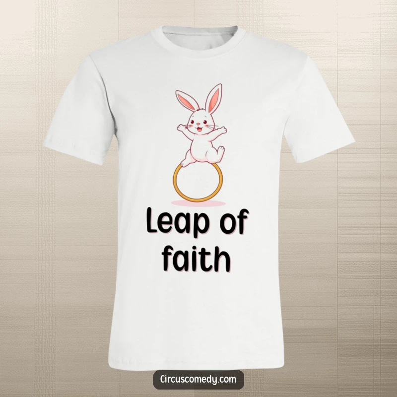 Funny rabbit t-shirt, captured mid-air during a high jump over a hoop, showcasing athleticism and playful determination, an amusing apparel choice.