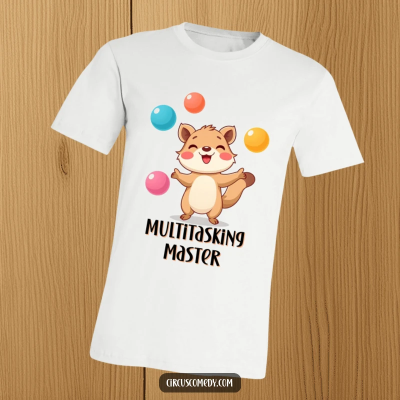 Funny T-Shirt: Smiling animal with intense focus, juggling multiple colorful balls, conveying skill and playful energy.