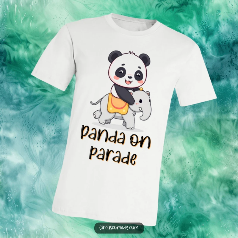 Funny t-shirt featuring a smiling panda riding a small circus elephant, showcasing a charming and humorous interaction between two lovable creatures.