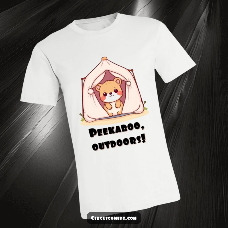 Funny t-shirt depicting a playful animal peeking from behind a miniature tent, perfect for outdoor enthusiasts and humor lovers.