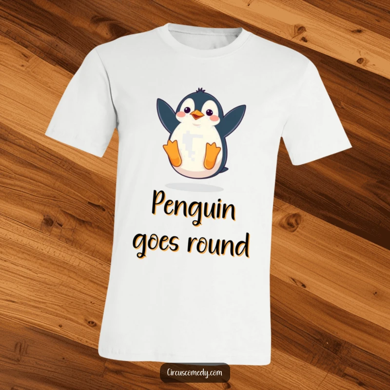 Funny t-shirt featuring a penguin in a comical mid-somersault pose, mid-waddle, illustrating a moment of hilarious aquatic acrobatics.