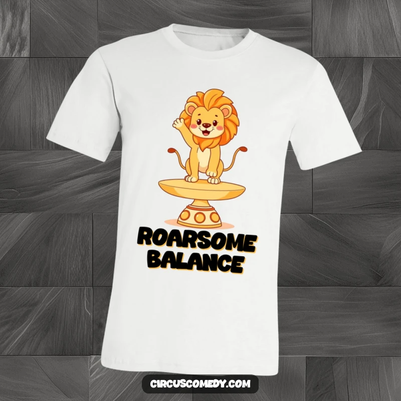 Funny lion t-shirt, precariously balancing on a large spinning plate with pride, showcasing authority and agility, an amusing apparel choice.