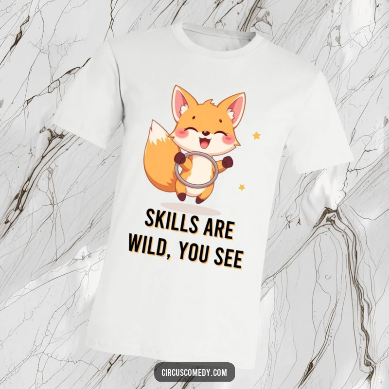 Funny fox t-shirt, a joyful fox skillfully catching rings with a hoop, conveying active humor.