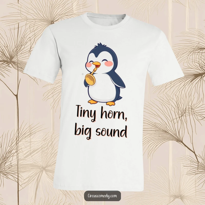Funny Penguin T-Shirt: A cheerful penguin enthusiastically plays a miniature trumpet, radiating joy and a love for music with this funny tee.