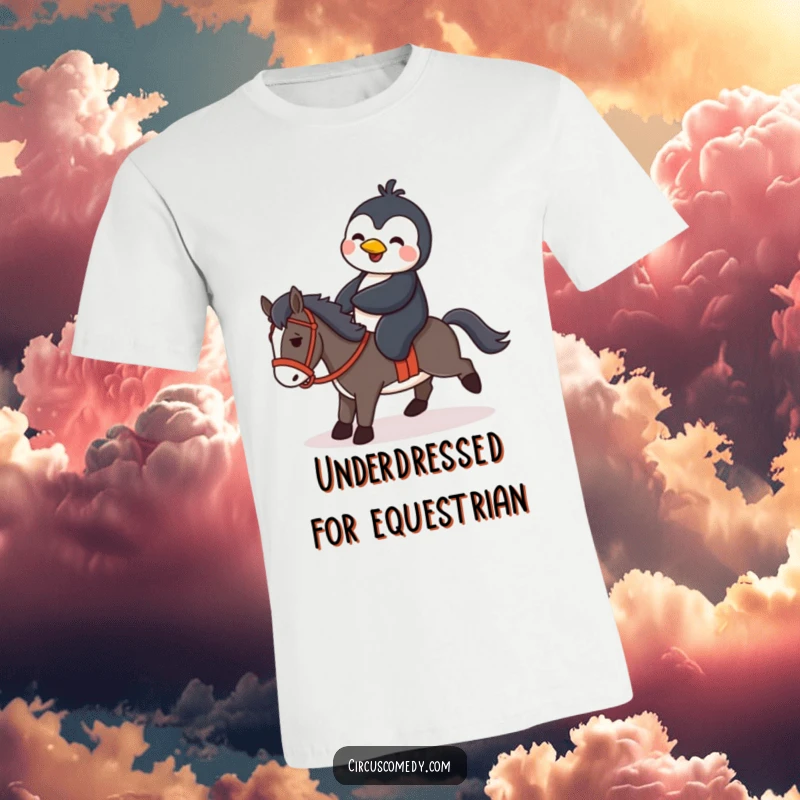 A humorous illustration of a penguin struggling to ride a tiny horse, printed on a t-shirt for a fun, quirky look.
