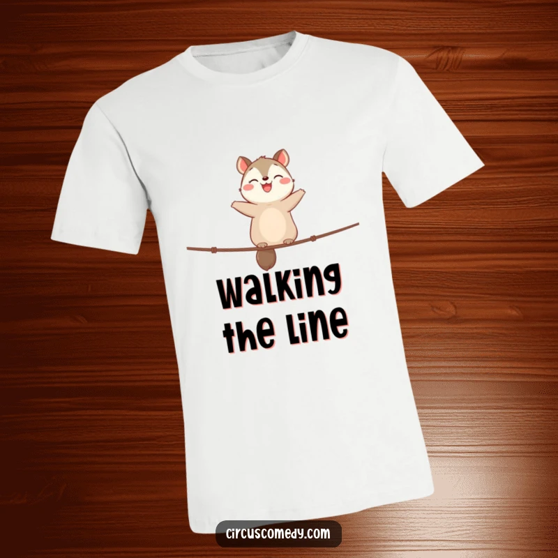 Funny T-Shirt: Cute animal joyfully balancing on a tightrope, with a happy expression, showing skill and charm.