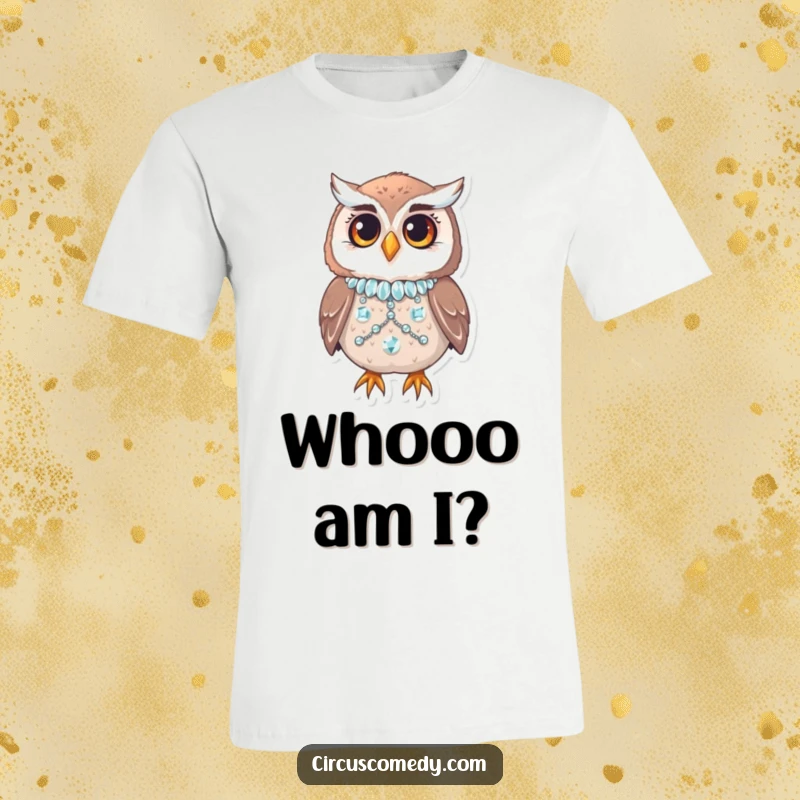 Funny owl in a shiny sequined costume blinking with curiosity, on a t-shirt, stylish and humorous apparel.