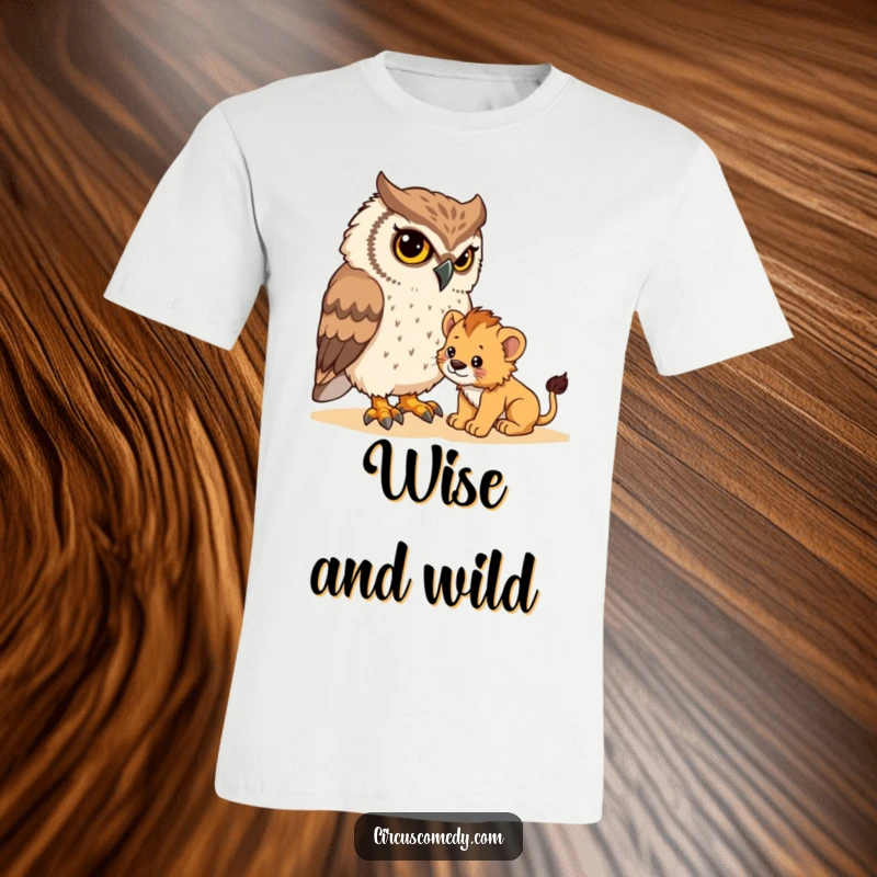Funny t-shirt featuring a serious owl with determined eyes trying to gently subdue a tiny, playful lion cub, creating a humorous contrast.
