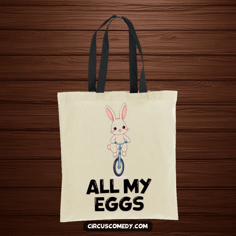 Funny rabbit tote bag, a determined rabbit riding a unicycle with focus, a humorous and practical accessory.