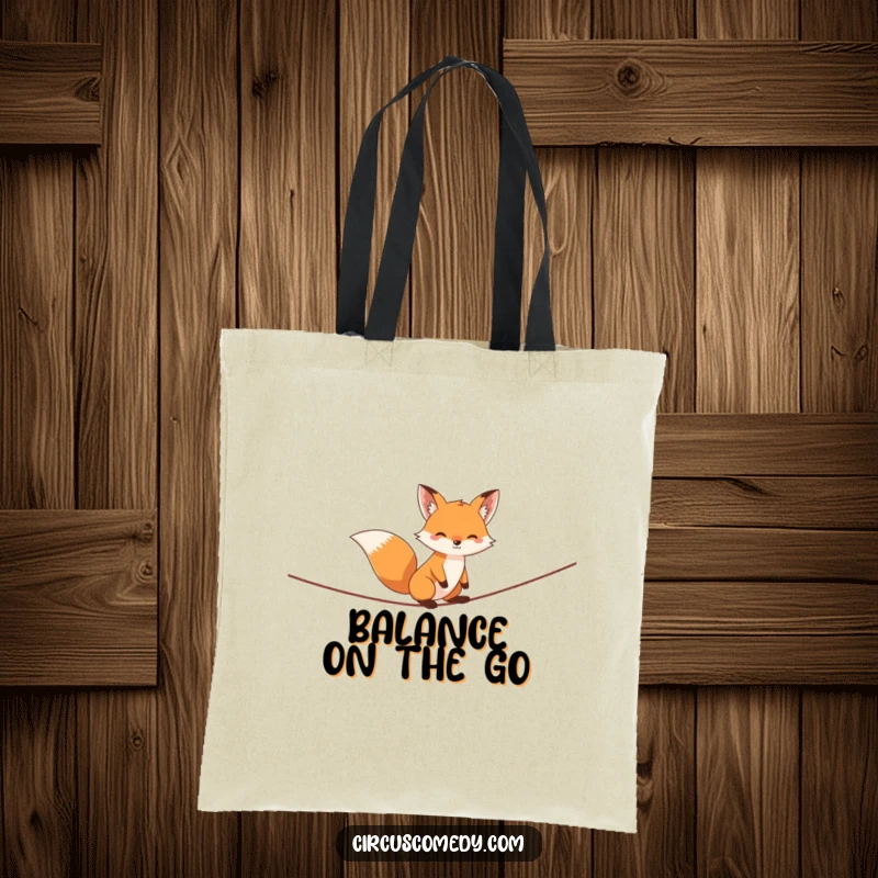 Funny fox tote bag, skillfully walking a tightrope with a playful swagger, adding flair to your carryall needs, a stylish and humorous item.