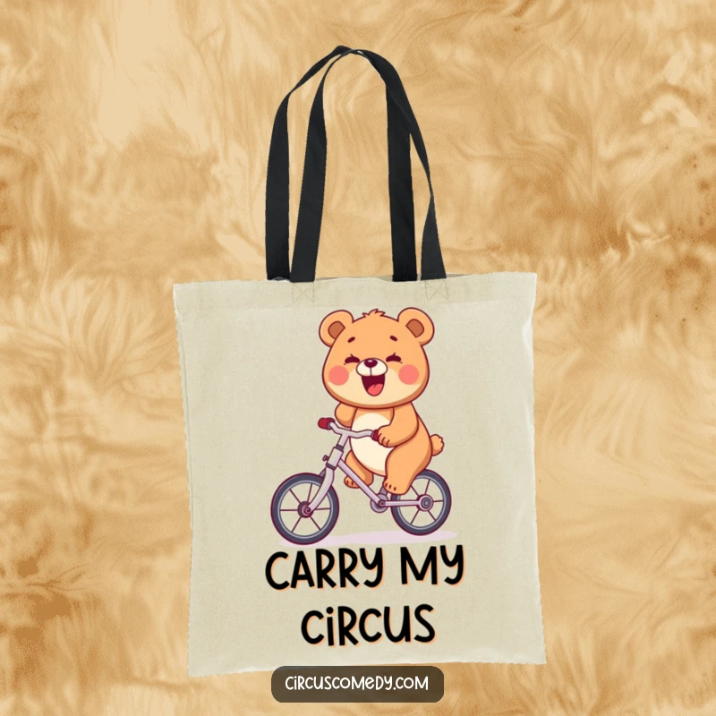 Funny bear riding a unicycle with a big smile, on a durable tote bag, functional and humorous.