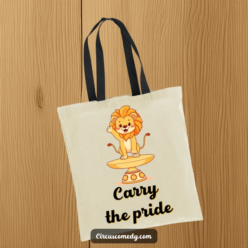 Funny lion tote bag, illustrated balancing skillfully on a giant spinning plate, conveying regal confidence and humor, a stylish and amusing accessory.