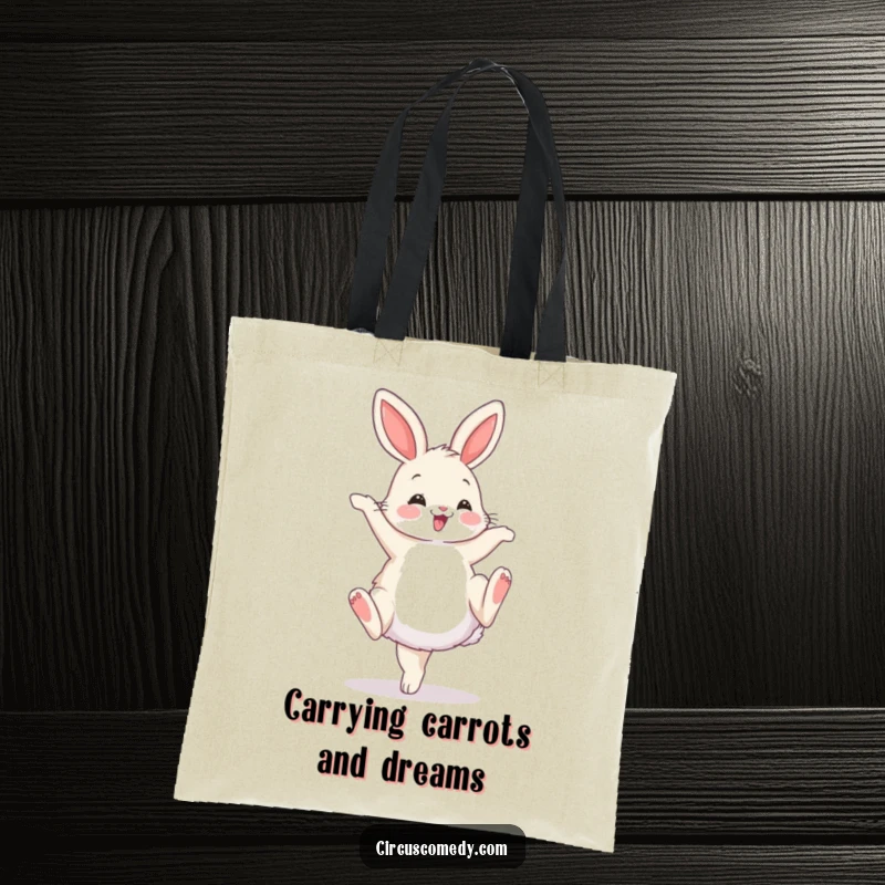 Funny tote bag illustration of a fluffy bunny performing a cartwheel with a joyful flourish, looking ready for adventure.