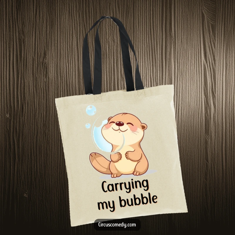 Funny tote bag with a giggling otter blowing a giant, colorful bubble, perfect for shopping or carrying daily items with a touch of humor.
