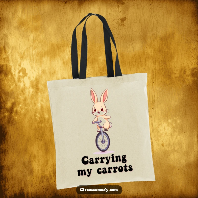 Funny rabbit tote bag with a determined rabbit balancing on a large unicycle with perked ears, ideal for shopping.